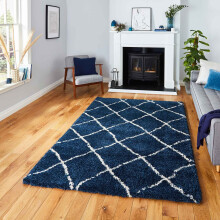(Navy/Cream, 160 x 220 cm) Diamond Geometric Shaggy Rugs Nordic Scandi Barber Style Rug Soft Warm Small XL Large Living Room Bedroom Carpet Mat 4cm Thick Shag Pile