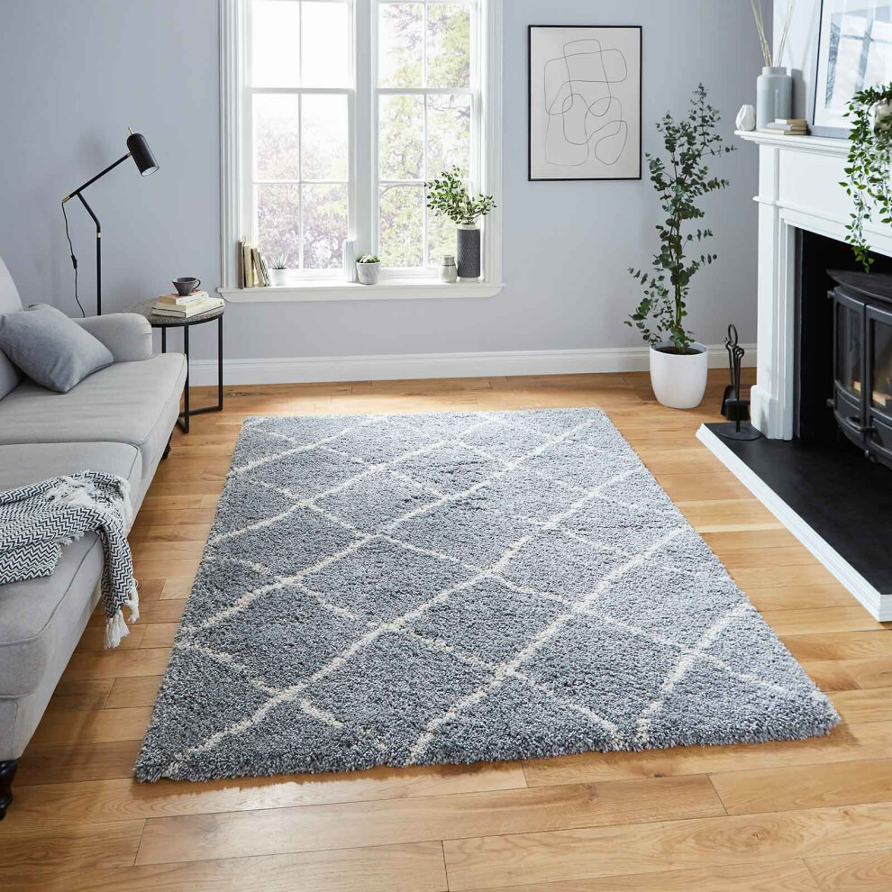 (Grey/Cream, 160 x 220 cm) Diamond Geometric Shaggy Rugs Nordic Scandi Barber Style Rug Soft Warm Small XL Large Living Room Bedroom Carpet Mat 4cm Thick Shag Pile