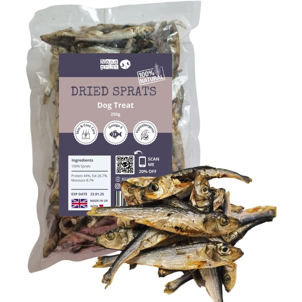 Dried sprats 250g, natural dog treats, fish dog treats , omega 3, dog coat, dog training treats, dried sprats for dogs, sprats...