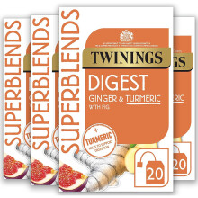 Twinings Superblends Digest Tea Fig flavoured infusion with Ginger & Turmeric, 20 Tea Bags (Pack of 4, 80 Tea Bags Total)