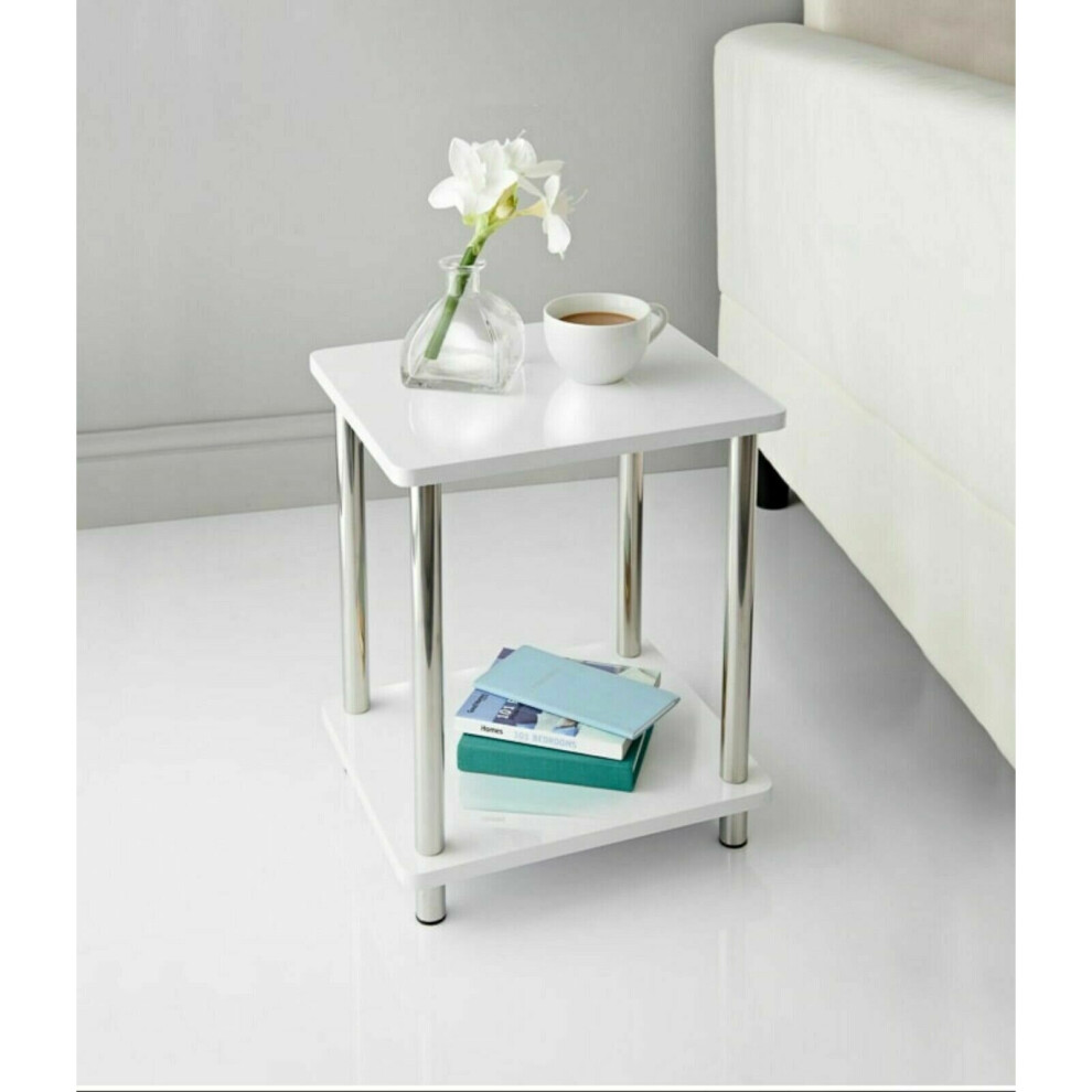 High Gloss Table 2 Shelf Unit With Stainless Steel Legs Coffee Side Table_WHITE