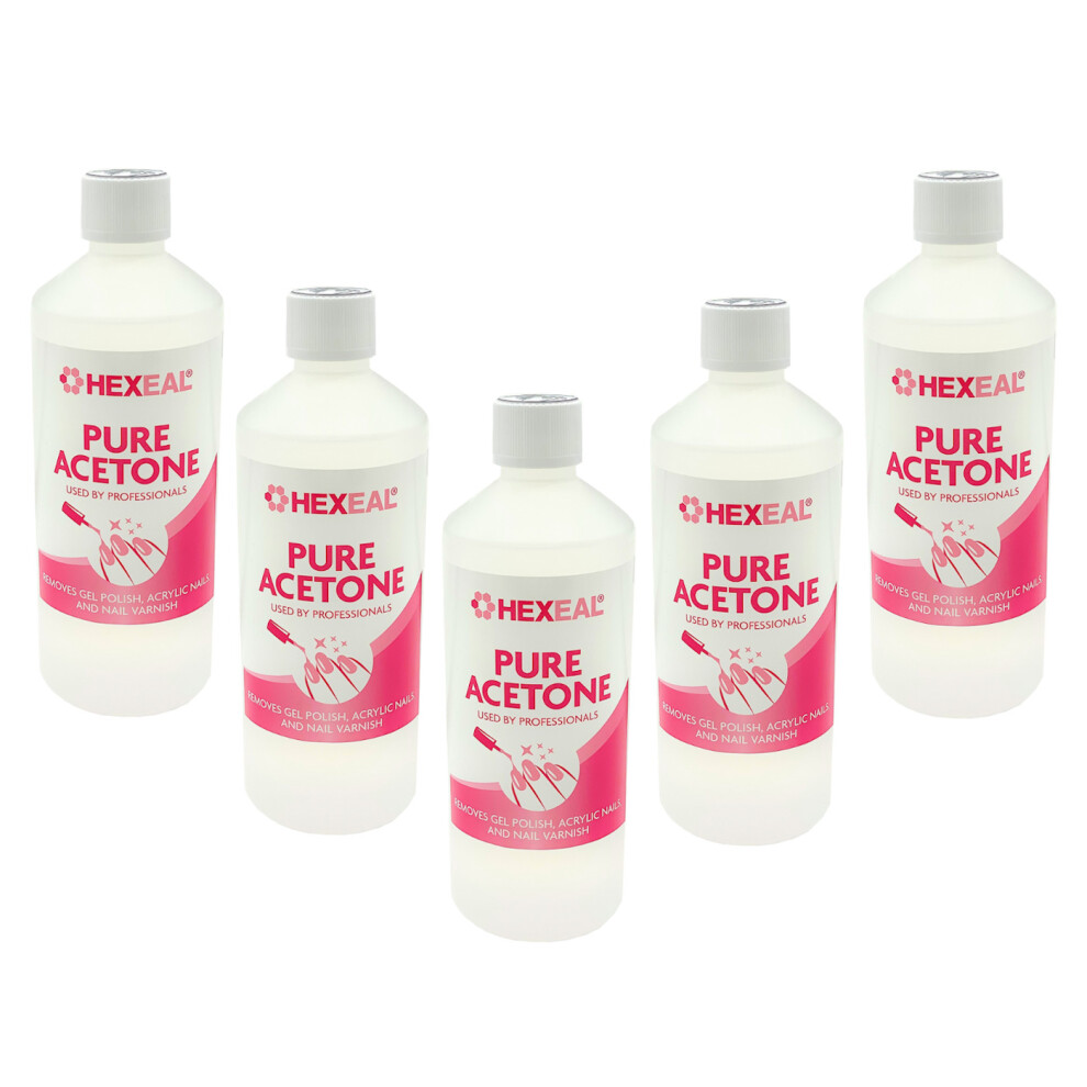 Hexeal Acetone 99.5% | 5 X 500Ml | Professional Nail Polish Remover | Gel Soak Off, Acrylic, Varnish Remover