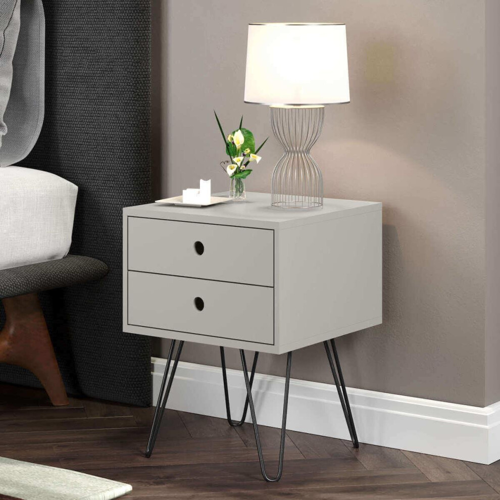 (Grey) Bedside Cabinet Side Table Nightstand 2 Storage Drawers Metal Legs