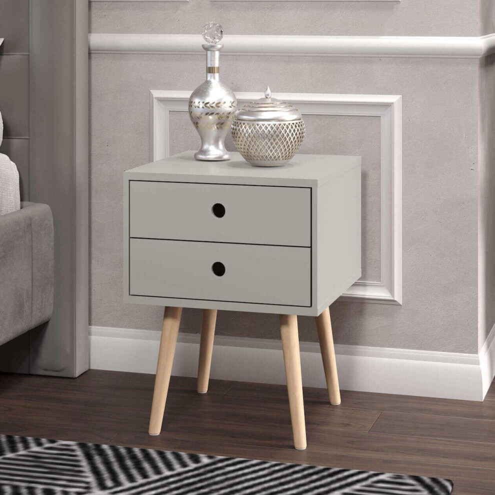 (Grey, 2 Drawer) Bedside Side Table Nightstand 2 Storage Drawers Wooden Legs