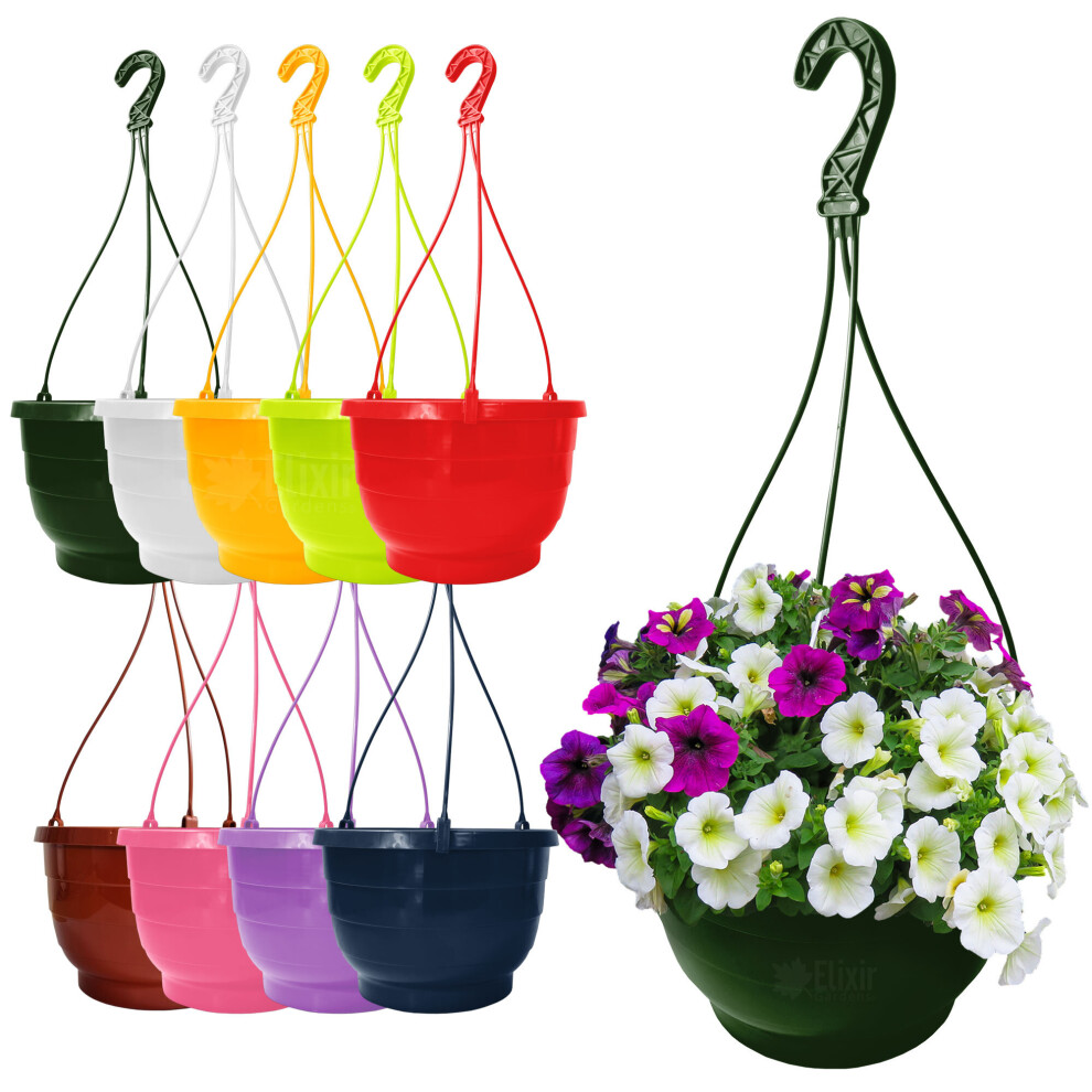 (Terracotta, 7) Elixir Gardens 25cm Round Hanging Basket Pot Planter | Various Colours to Choose From with Matching Hangers | Quantities Available from 1 - 10