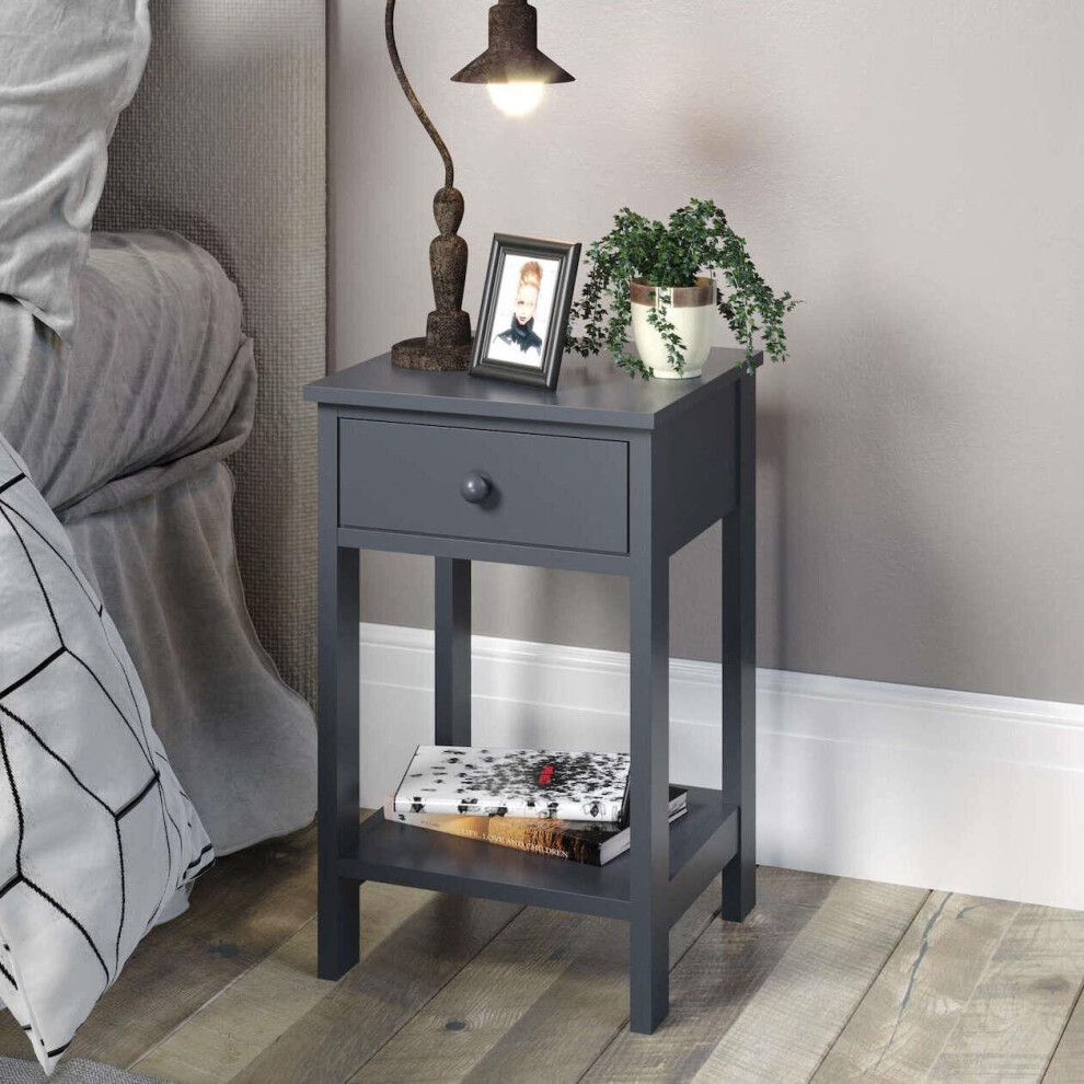 (Blue) Petite Bedside Table 1 Drawer Nightstand Cabinet Drawer Shelf Storage