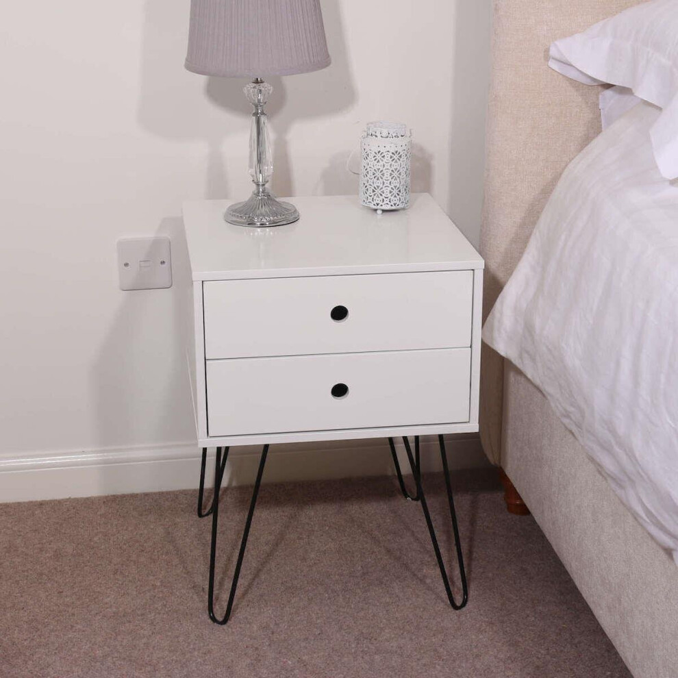 (White) Bedside Cabinet Side Table Nightstand 2 Storage Drawers Metal Legs