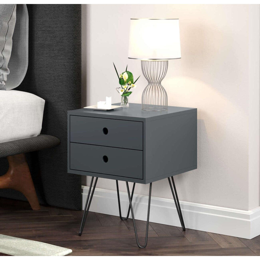 (Blue) Bedside Cabinet Side Table Nightstand 2 Storage Drawers Metal Legs