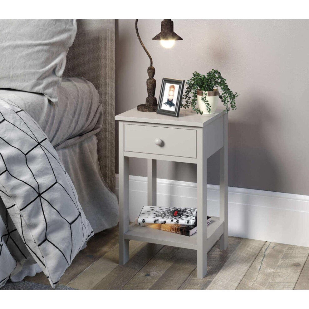 (Grey) Petite Bedside Table 1 Drawer Nightstand Cabinet Drawer Shelf Storage