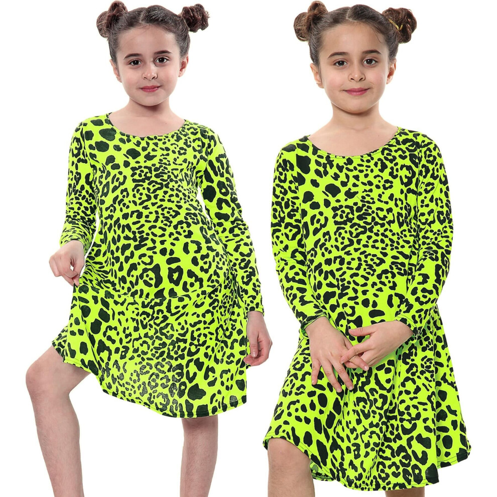 (7-8 Years, Neon Yellow) Kids Girls Leopard Print Swing Dress Trendy Top