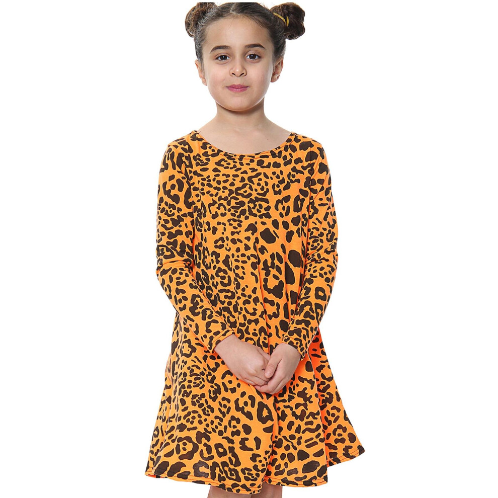 (5-6 Years, Neon Orange) Kids Girls Leopard Print Swing Dress Trendy Top-image-OPC-P8ZFGY7-NEW