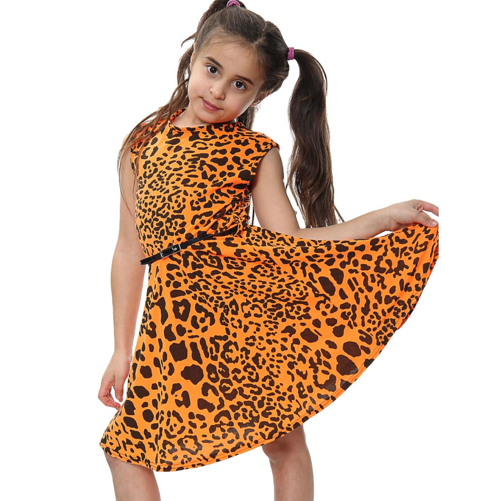 (13 Years, Neon Orange) Kids Girls Skater Dress Neon Color Leopard Print