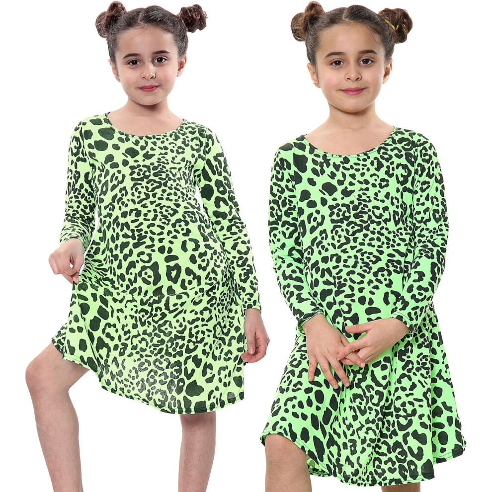 (7-8 Years, Neon Green) Kids Girls Leopard Print Swing Dress Trendy Top