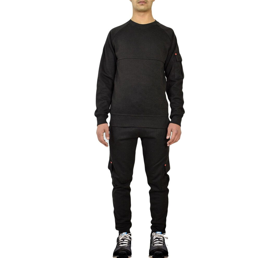 (L, Black) Mens Plain Tracksuit Sweatpants Raglan Sleeves Set