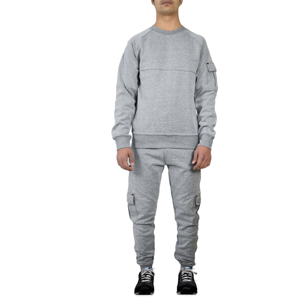 (M, Grey) Mens Plain Tracksuit Sweatpants Raglan Sleeves Set