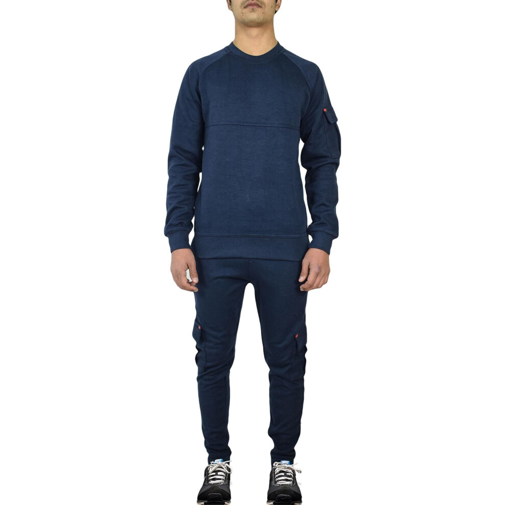 (M, Navy) Mens Plain Tracksuit Sweatpants Raglan Sleeves Set