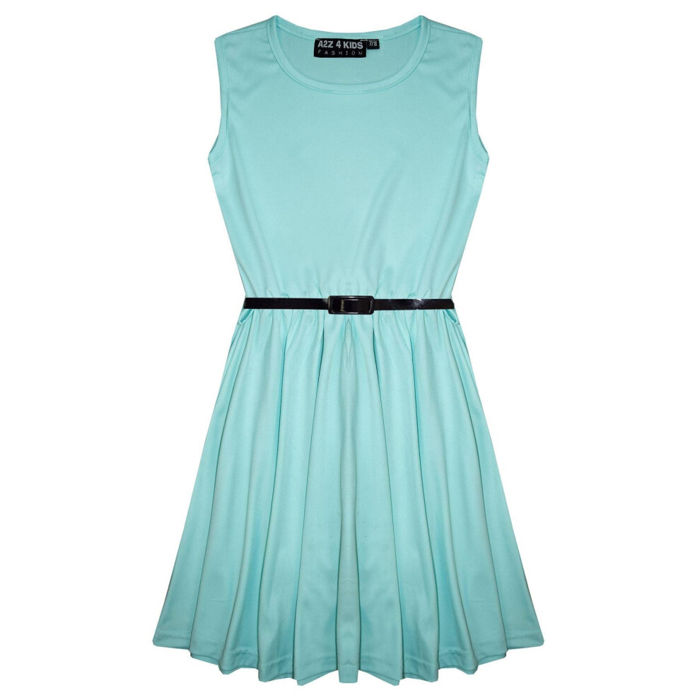 (13 Years, Aqua) Girls Skater Dress Kids Party Dresses With Belt