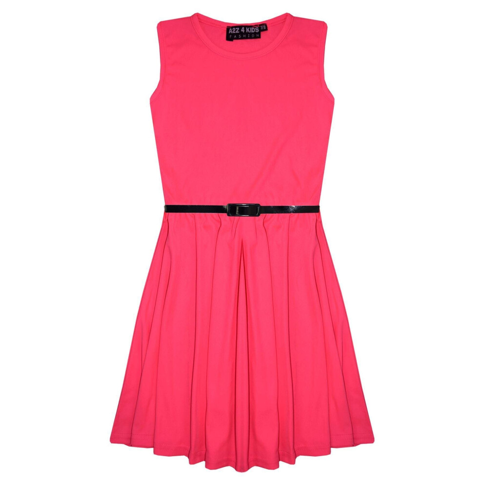 A2zkids (9-10 Years, Neon ) Girls Skater Dress Kids Party Dresses With Belt Pink