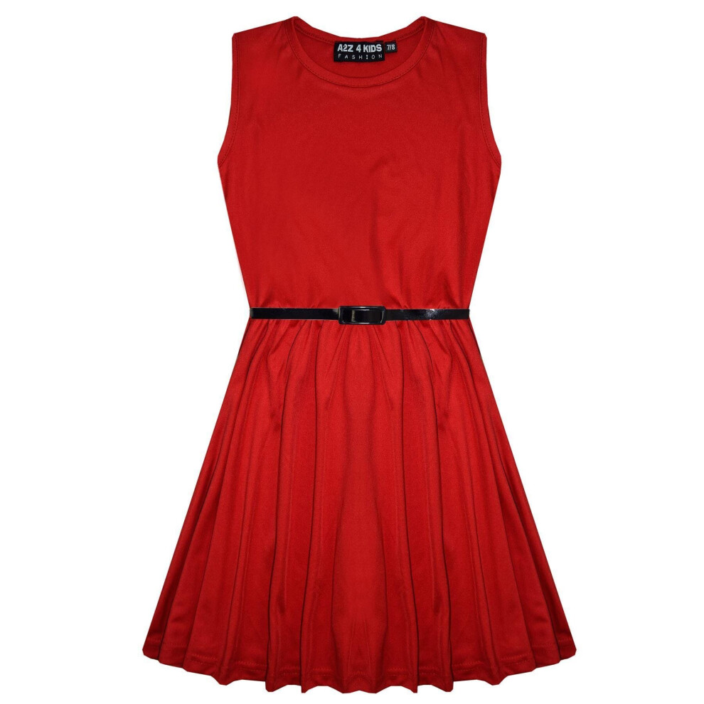 (9-10 Years, Red) Girls Skater Dress Kids Party Dresses With Belt