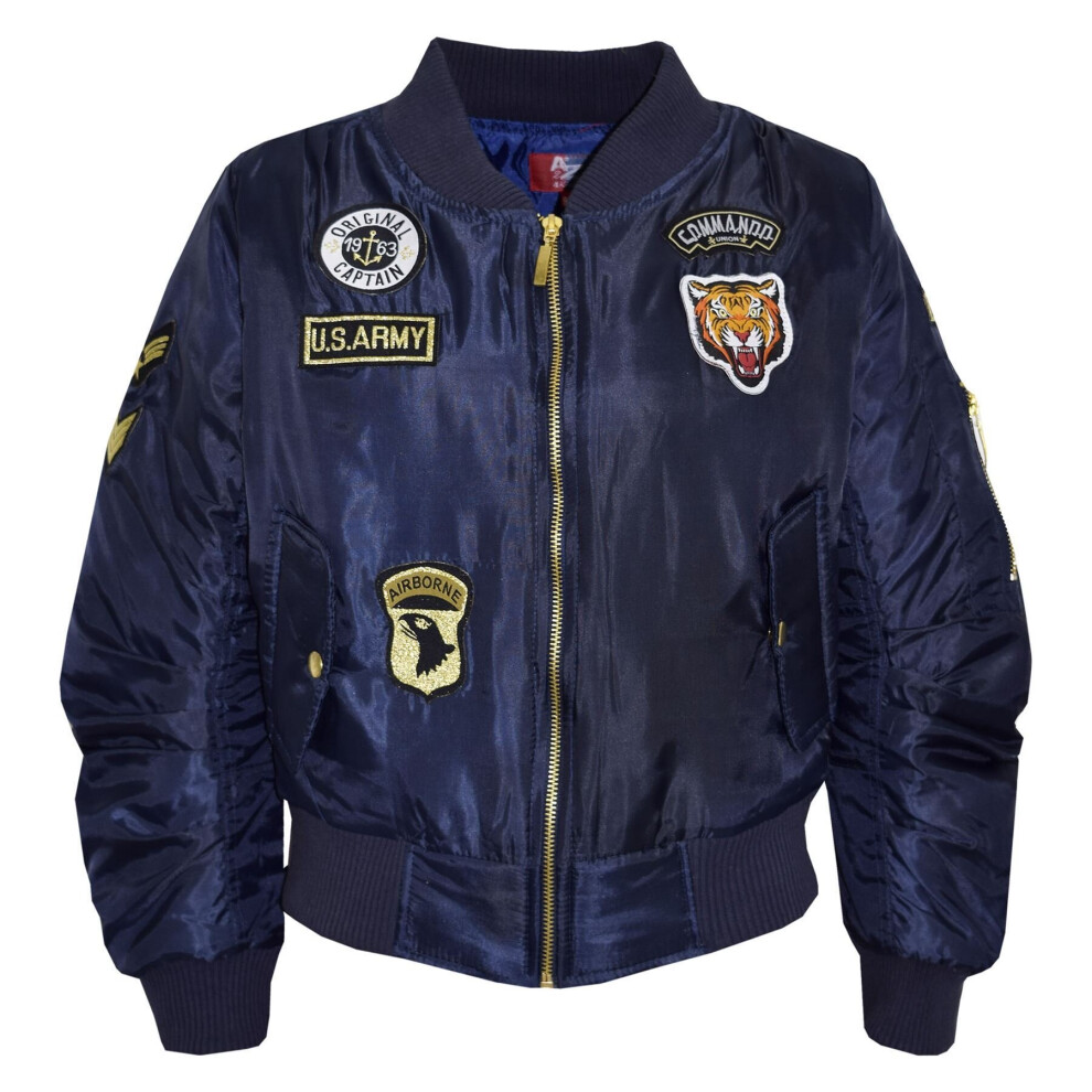 (5-6 Years, Badges Navy) Kids Jacket Girls Boys Bomber Padded Zip Up Biker