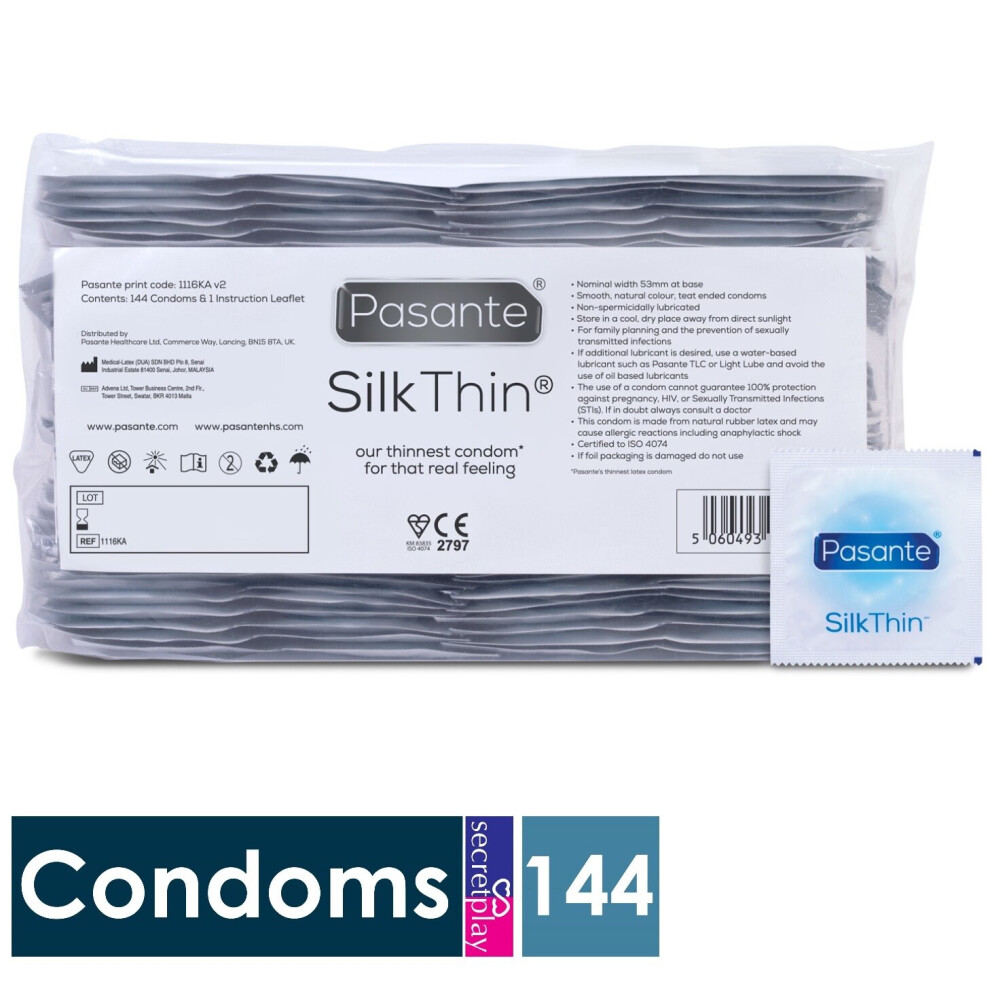 Pasante Silk Thin Condoms Pack of 144 | Thinnest Real Feeling | 53mm Width