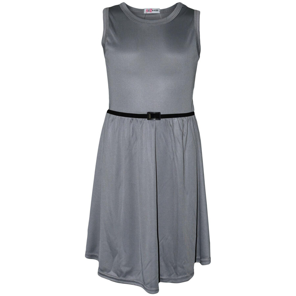 (7-8 Years, Steel Grey) Girls Skater Dress Kids Party Dresses With Belt