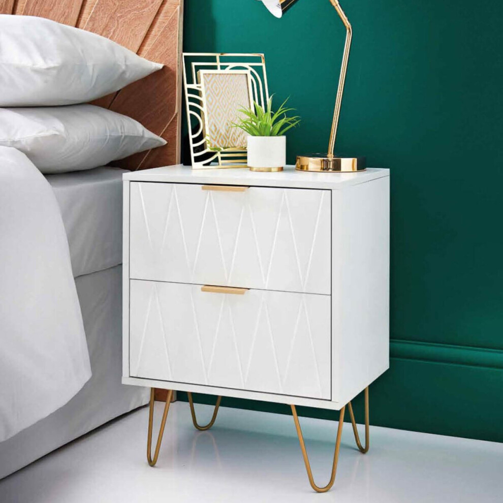 NEW Bedside Tables With 2 Drawer Gold Legs Side Table Bedroom Furniture White