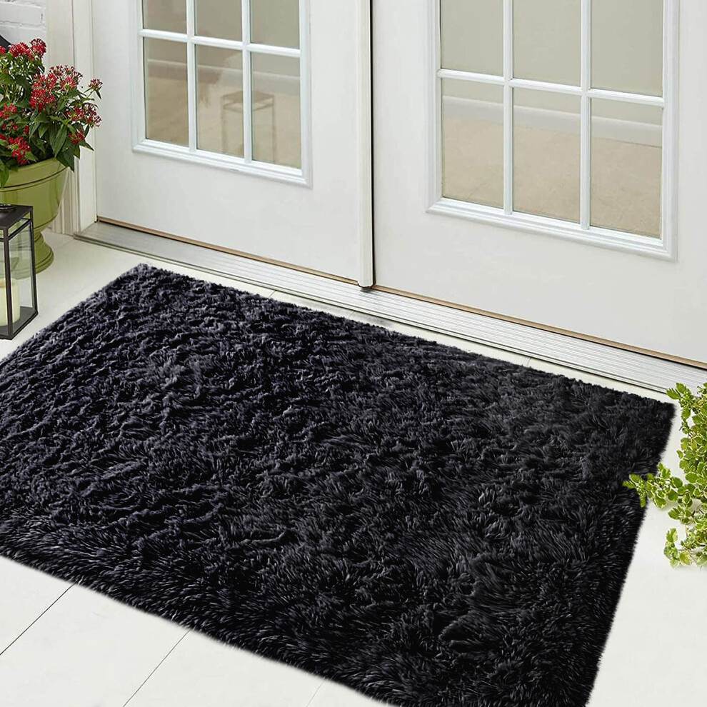 (Black, 50 x 80 cm) Shaggy Rug Soft Non-Slip Bathmats Welcome Door Mat