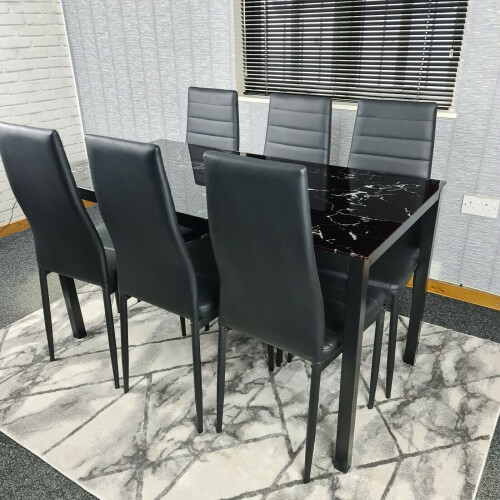 Black Marble Effect Dining Table and 6 Black Faux Leather Metal Chairs