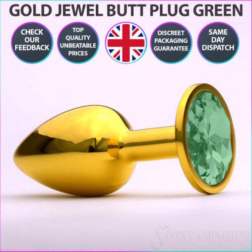 Chrome Gold Jewelled Butt Plug Green