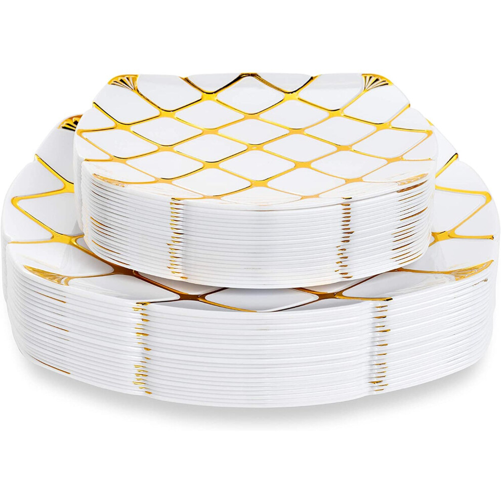 40 Premium Multi-Use Gold Pattern Plastic Dinner & Dessert Plates