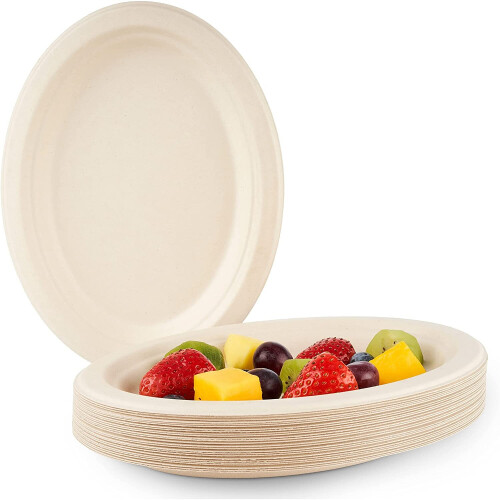 90 Sugarcane Biodegradable Plates Eco-Friendly & Compostable (26cm, Oval)