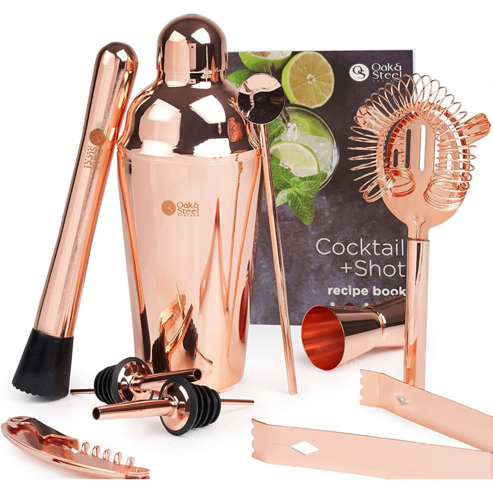 10 Pcs Rose Gold Stainless Steel Cocktail Making Kit Recipe Book - Copper Mixology Gift Set