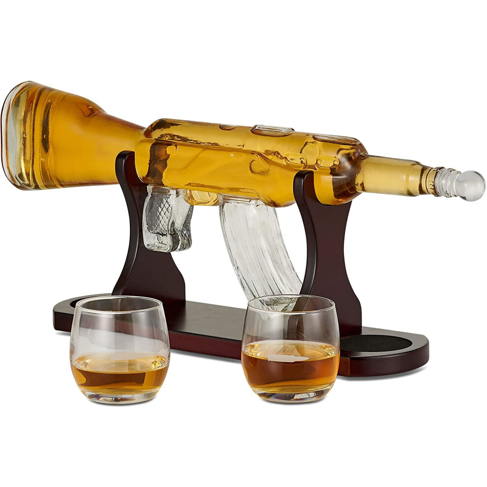 Whiskey Gun Glass Decanter Set with Carved Wooden Stand, Bourbon Scotch Rifle Unique Design Dispenser with Gift Box