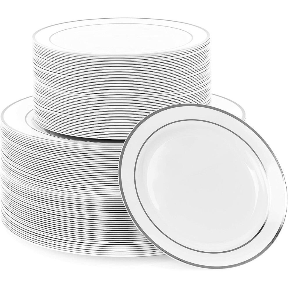 120 Unbreakable Multi-Use Silver Rimmed Plastic Dinner & Dessert Plates - 60 x 26cm, 60 x 19cm