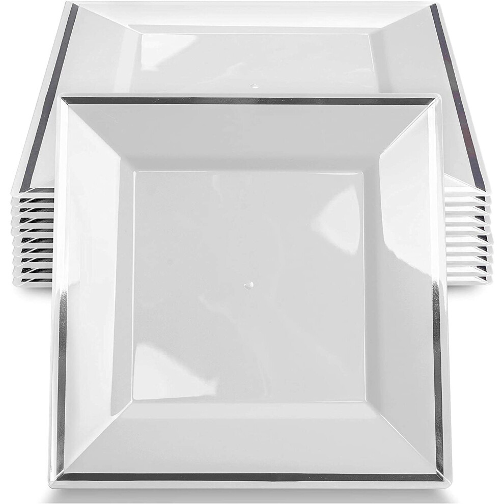 20 Premium Square Multi-Use Plastic Silver Rim Dinner Plates - 24cm