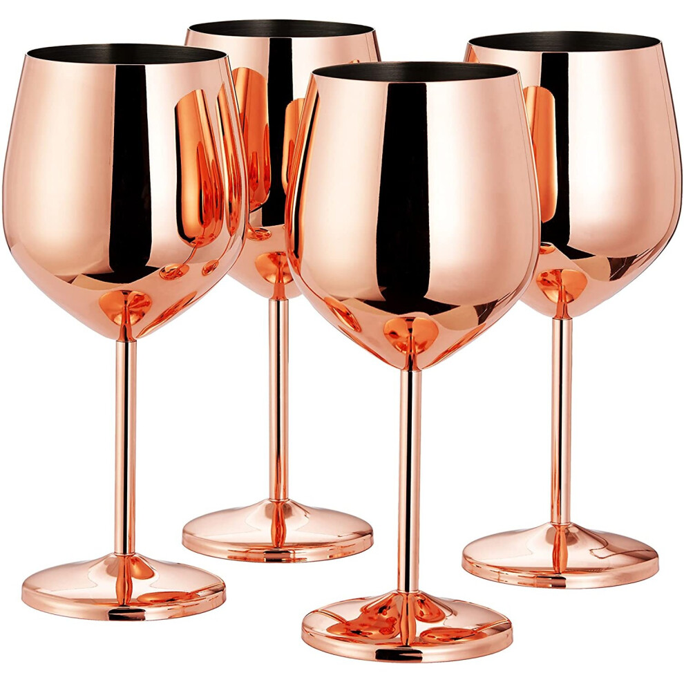 4 Stainless Steel Copper Rose Gold Wine Glasses, 500ml - Shatterproof Party Glass Set with Gift Box