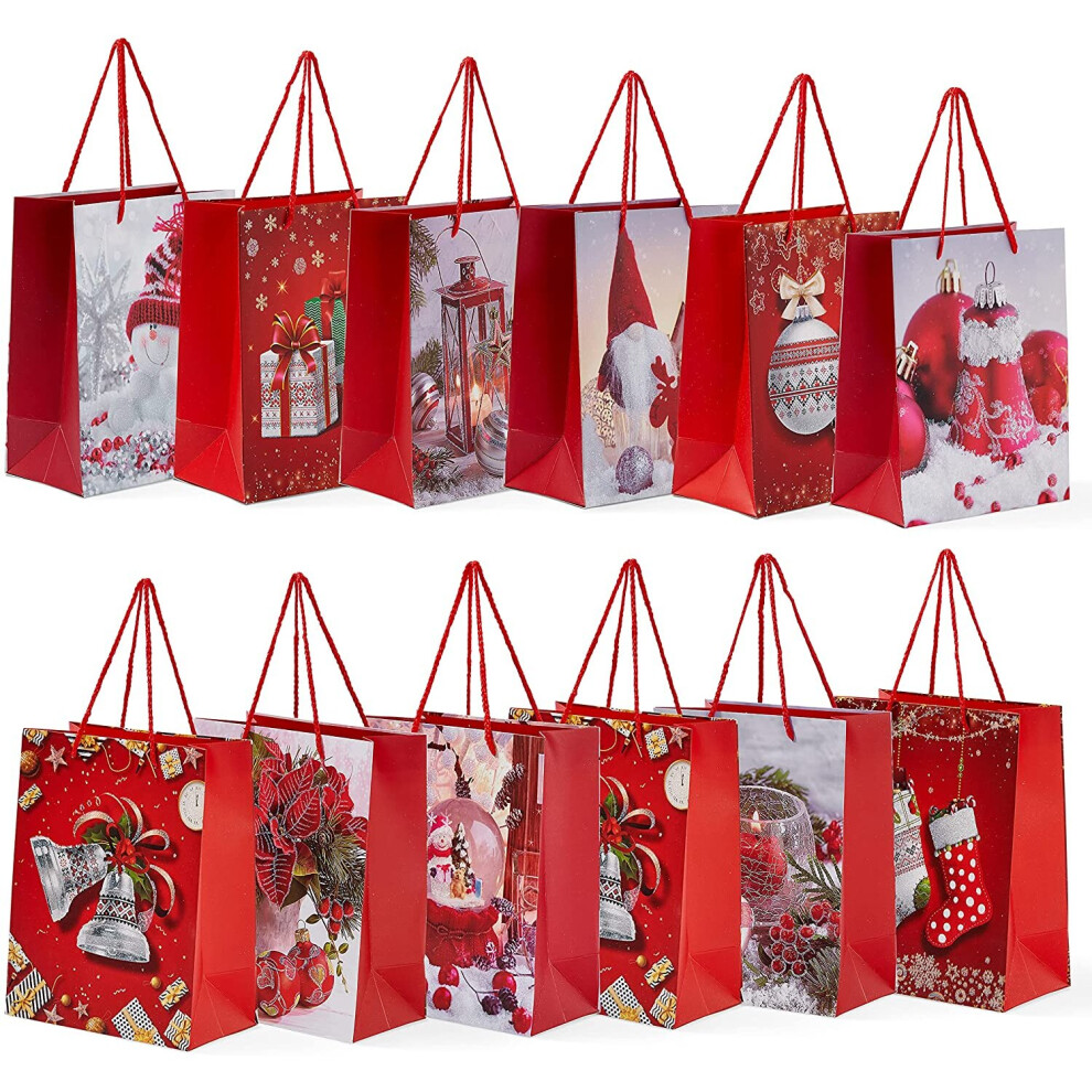 12 Christmas Paper Gift Bags with Handles, 23 cm - Medium Xmas Present Party Bag, Assorted Festive Designs