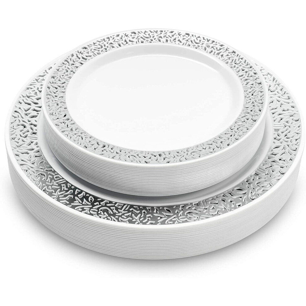 40 Premium Multi-Use Silver Lace Rim Plastic Dinner & Dessert Plates, 20 x 26cm, 20 x 18cm