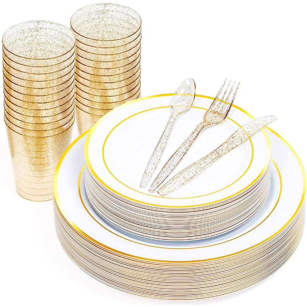 150 PCS Premium Multi-Use Dinner Party Set Including Gold Glitter Cups, Cutlery, Dinner & Dessert Plates