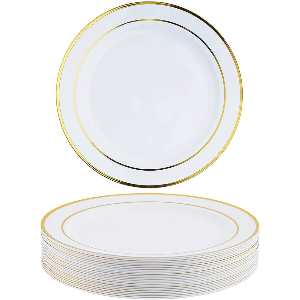 25 Premium Multi-Use Plastic Dessert Party Plates with Gold Rim - 19cm