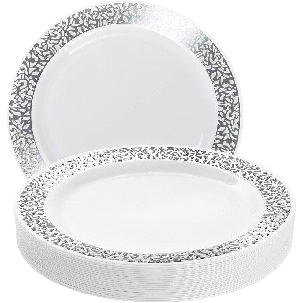 20 Premium Multi-Use Plastic Dinner Plates with Silver Lace Rim - 26cm