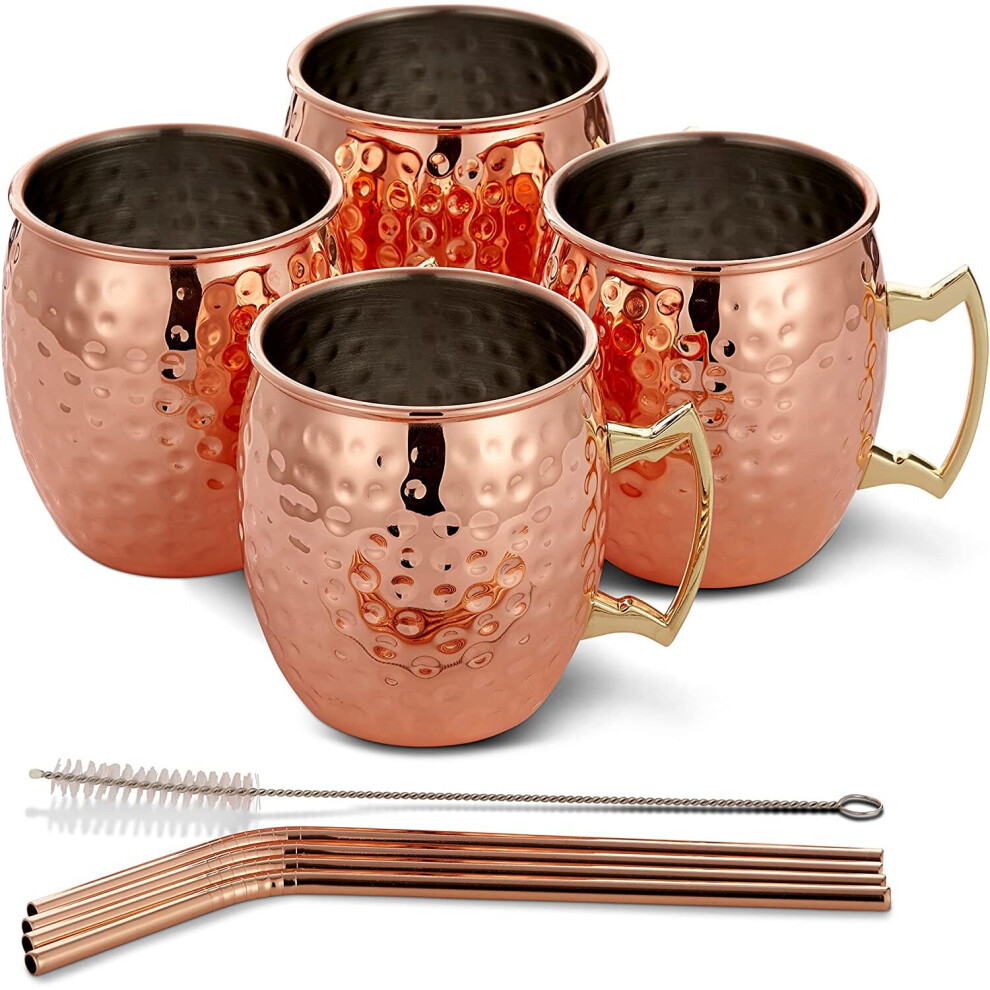 4 Moscow Mule Cooper Cocktail Mugs, Hammered Design Gift Set with Stainless Steel Straws Cleaning Brush