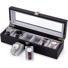 Meerveil Watch Display Case, 6 Slots, Glass Cover Watch Box, Velvet Watch Pillows, Lockable with Silver Metal Clasp, 34.5 x 11 x 8.5cm, Black PU