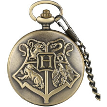 HP Pocket Watch Bronze Hogwarts School of Witchcraft Wizardry Quartz Pocket Watch with Chain for Men Women Children, Xmas Gift HP Fans - 1.8" Dial