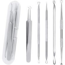 5PCS Blackhead Remover Tool Set Acne Extractor Comedone Pimples Spot and Zit Removal Tool With Case (Silver)