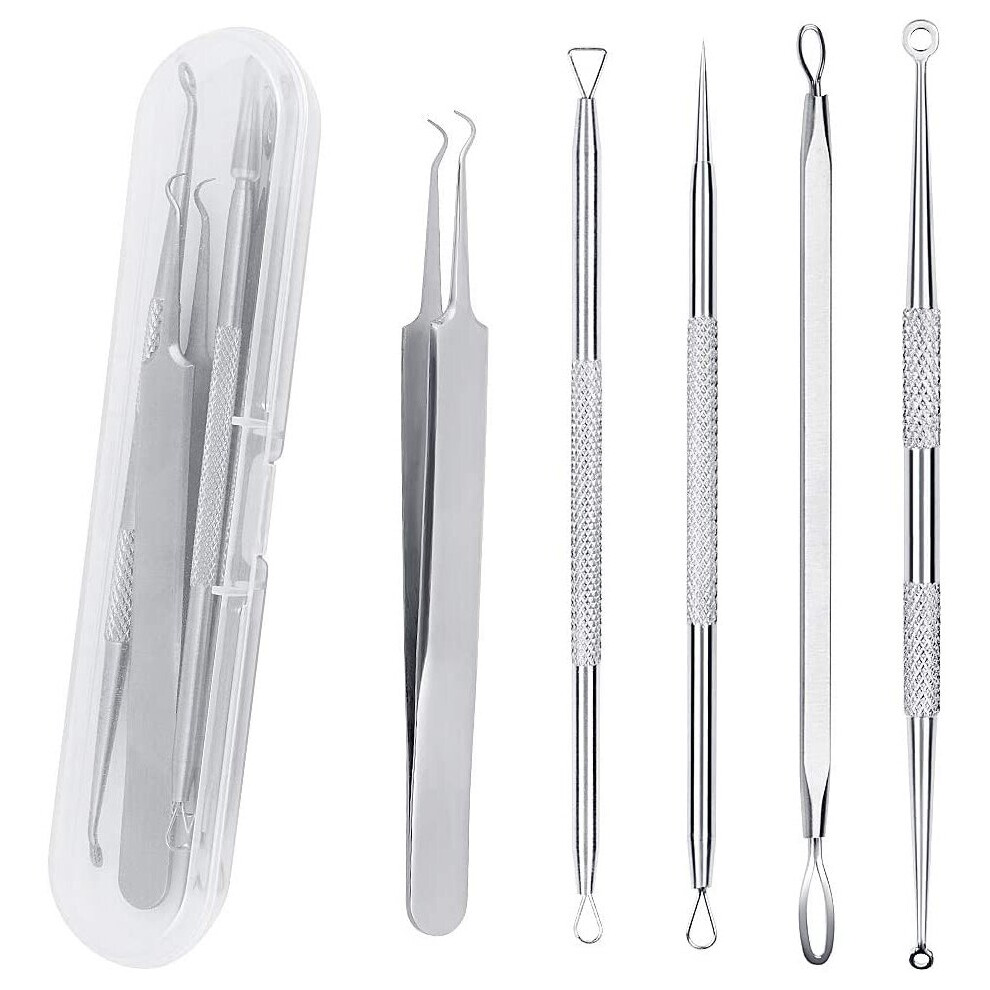 Shw 5Pcs Blackhead Remover Tool Set Acne Extractor Comedone Pimples Spot And Zit Removal Tool With Case (Silver) Silver