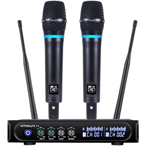 Kithouse S9 UHF Rechargeable Wireless Microphone System Karaoke Microphone Wireless Mic Cordless Dual with Bluetooth Receiver Box Volume Control