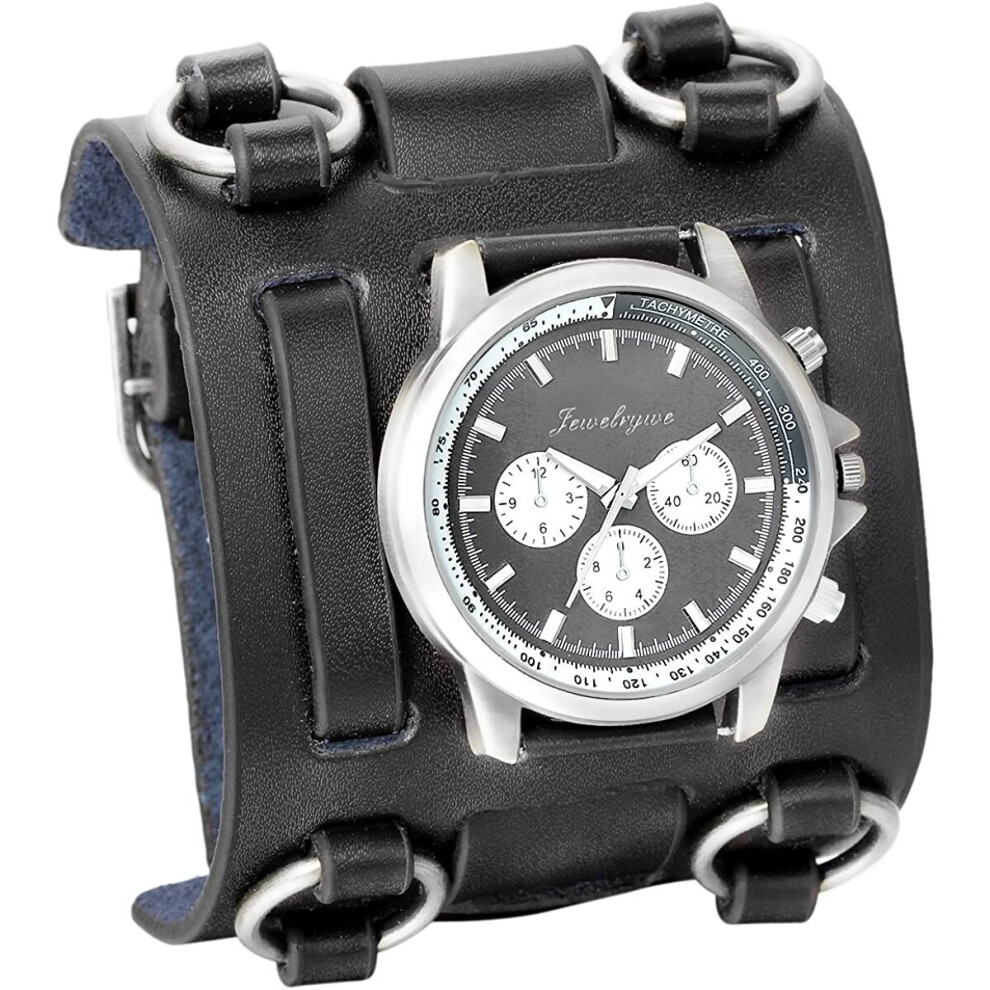 Photos - Wrist Watch JewelryWe Black Hip-hop Gothic Punk Style Men Watch Wide Leather Fashion Cuff Wristwatch - Free Customized Engraving