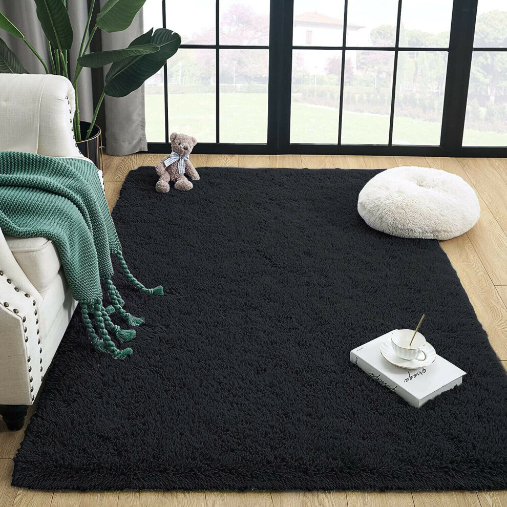 (Black, 160 x 230 cm) Shaggy Rugs Non-Slip Living Room Runner Carpet Mat